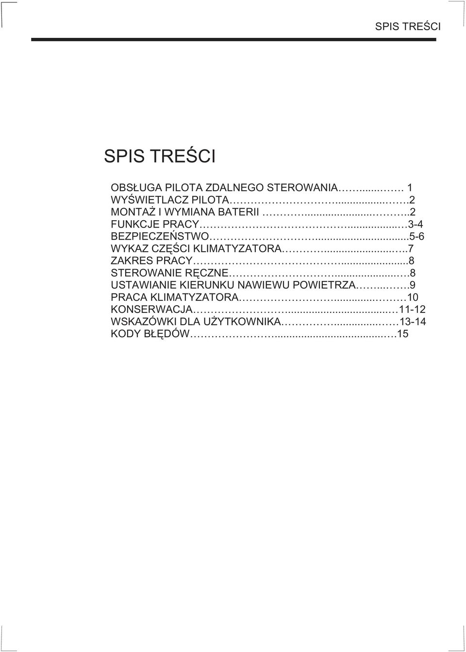 ..5-6 WYKAZ CZĘŚCI KLIMATYZATORA.....7 ZAKRES PRACY...8 STEROWANIE RĘCZNE.