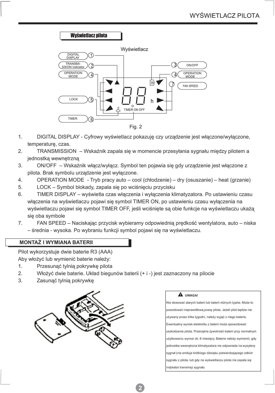 TRANSMISSION Wskaźnik zapala się w momencie przesyłania sygnału między pilotem a jednostką wewnętrzną 3. ON/OFF Wskaźnik włącz/wyłącz. Symbol ten pojawia się gdy urządzenie jest włączone z pilota.