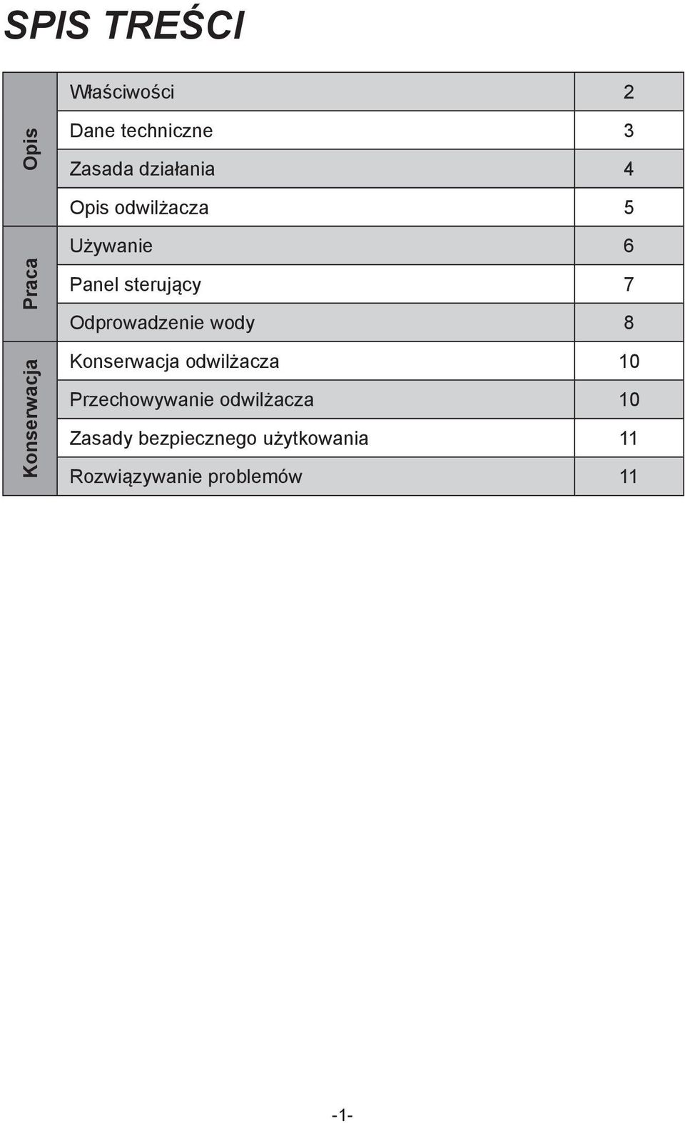 Odprowadzenie wody 8 Konserwacja odwilżacza 10 Przechowywanie