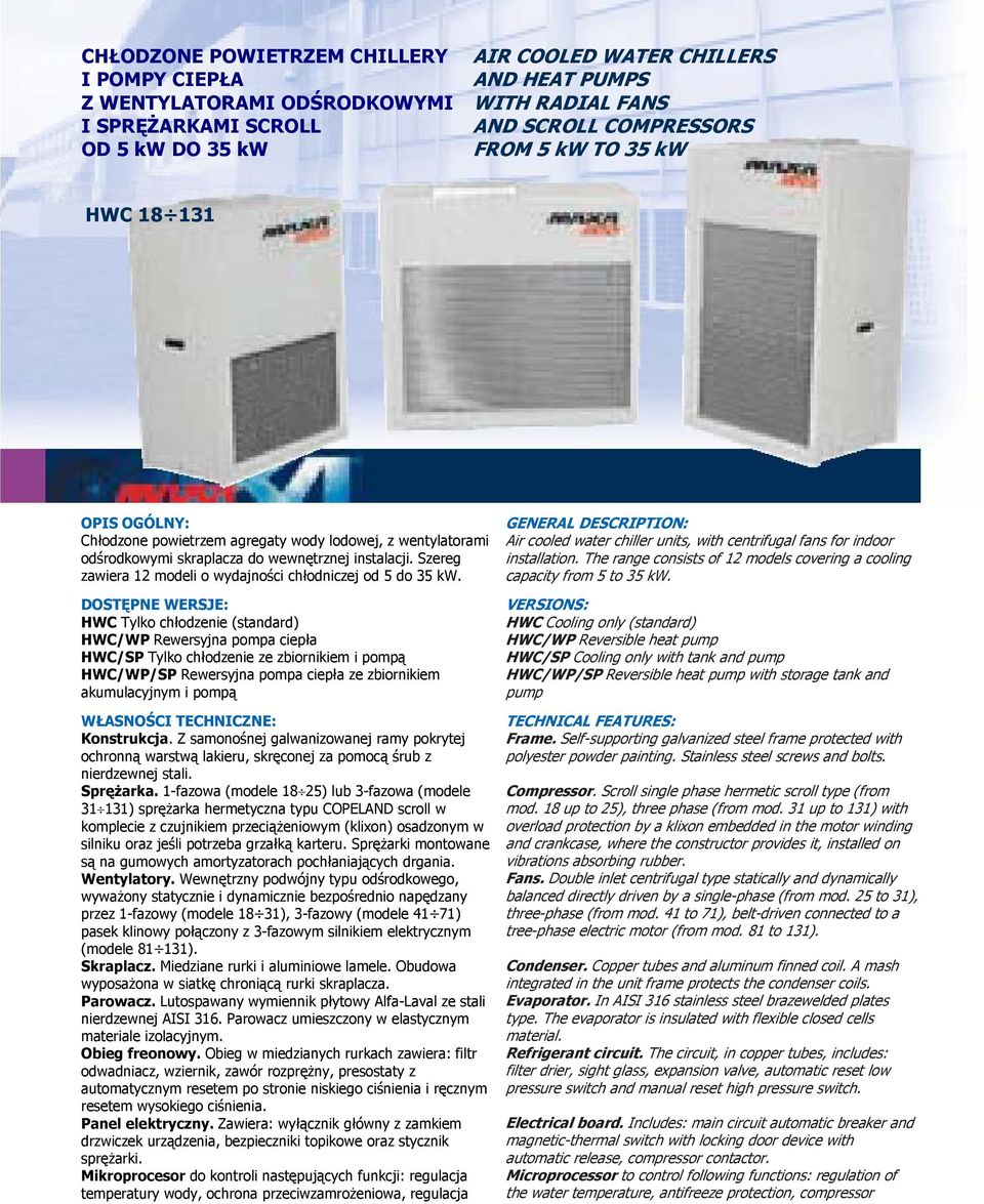 Szereg zawiera 12 modeli o wydajności chłodniczej od 5 do 35 kw.