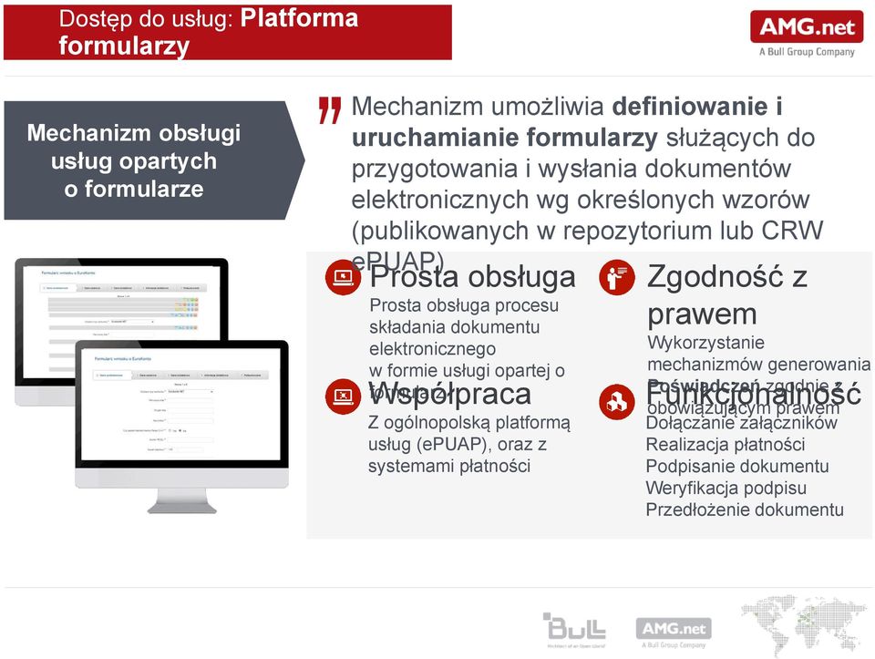 dokumentu elektronicznego w formie usługi opartej o formularz Współpraca Z ogólnopolską platformą usług (epuap), oraz z systemami płatności Zgodność z prawem Wykorzystanie