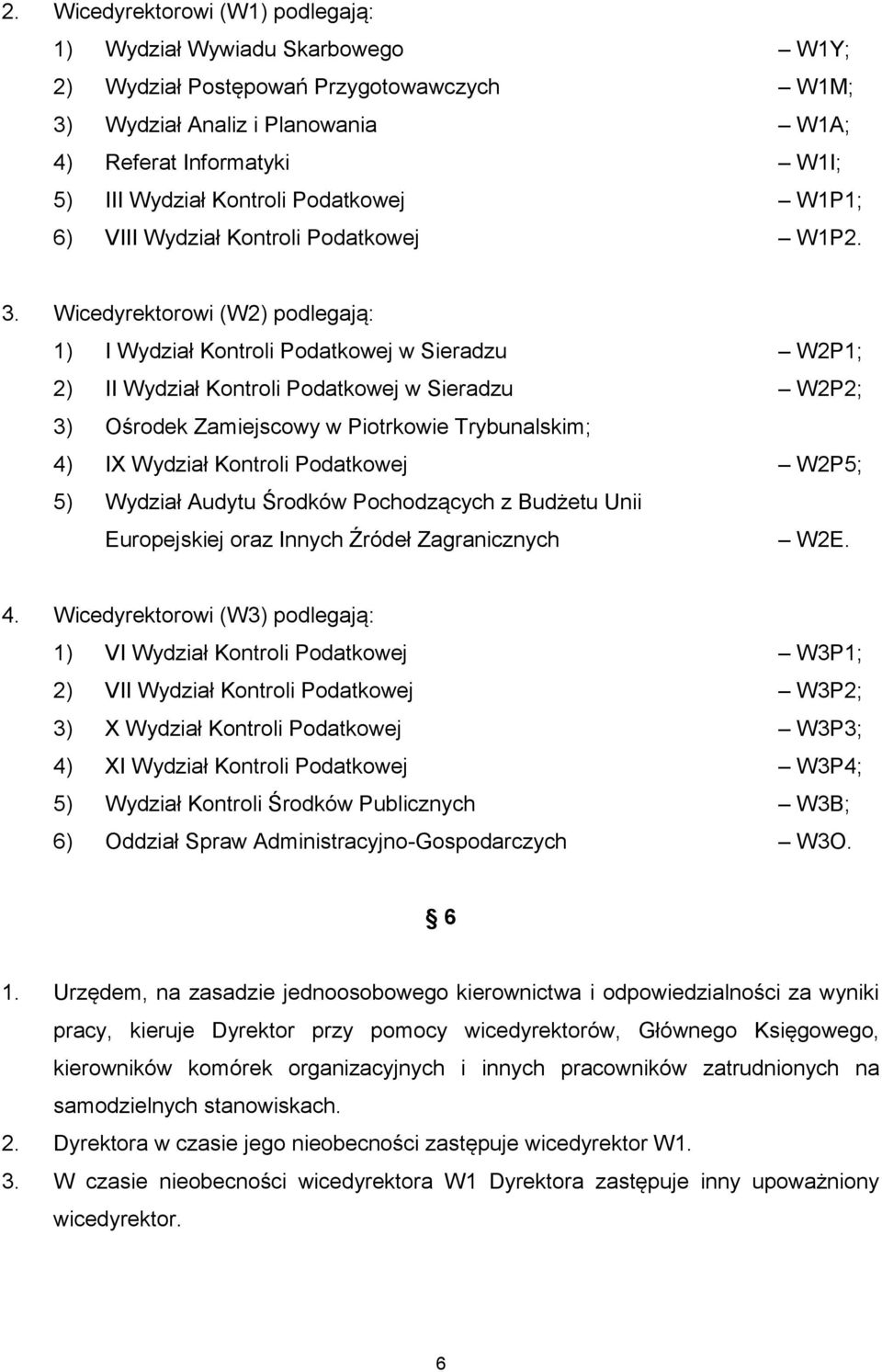 Wicedyrektorowi (W2) podlegają: 1) I Wydział Kontroli w Sieradzu W2P1; 2) II Wydział Kontroli w Sieradzu W2P2; 3) Ośrodek Zamiejscowy w Piotrkowie Trybunalskim; 4) IX Wydział Kontroli W2P5; 5)