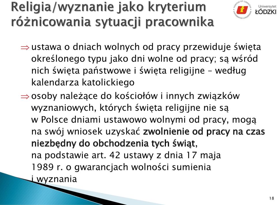 religijne nie są w Polsce dniami ustawowo wolnymi od pracy, mogą na swój wniosek uzyskać zwolnienie od pracy na czas