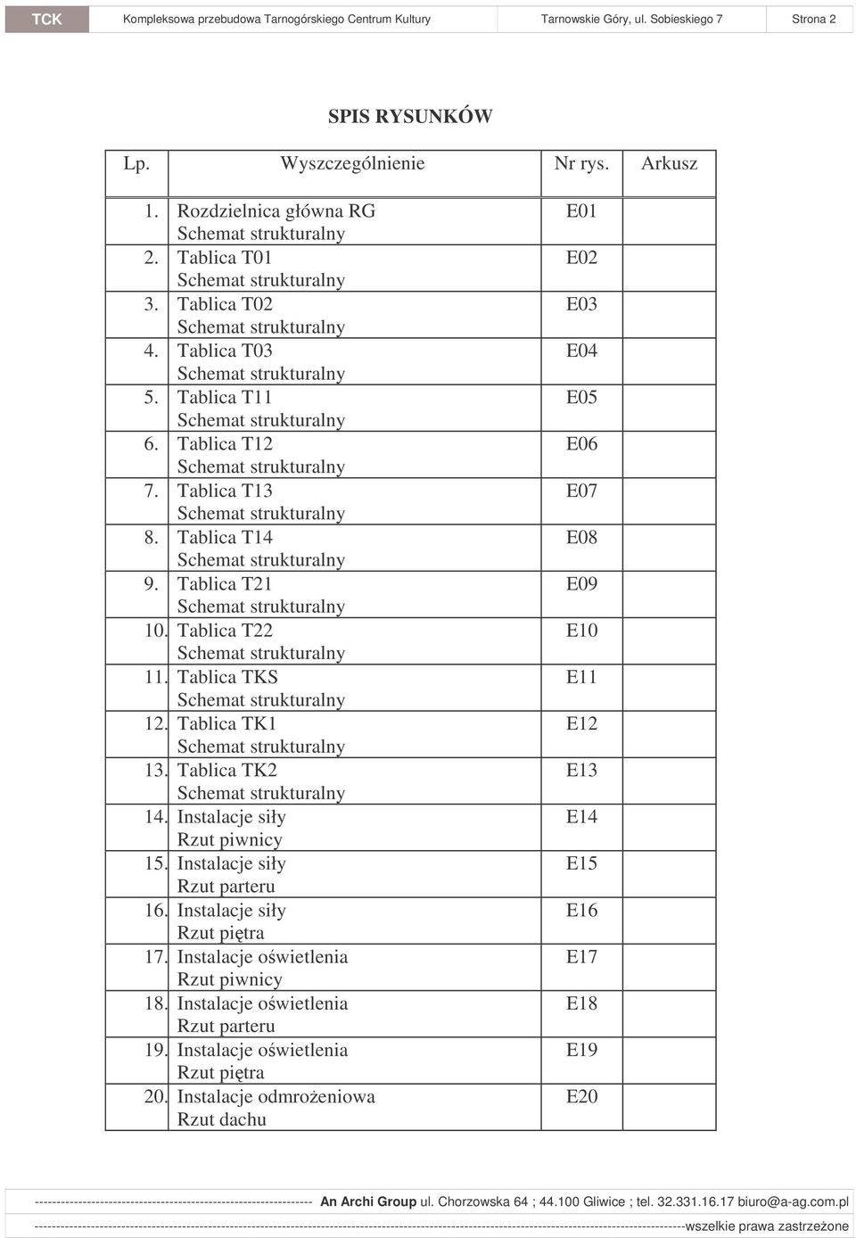 Tablica TKS 12. Tablica TK1 13. Tablica TK2 14. Instalacje siły Rzut piwnicy 15. Instalacje siły Rzut parteru 16. Instalacje siły Rzut pitra 17.
