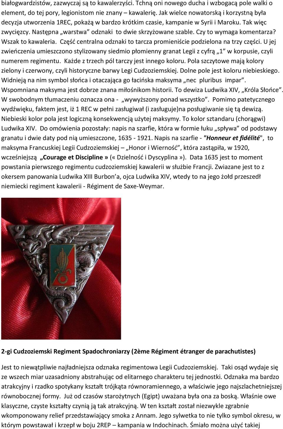 Czy to wymaga komentarza? Wszak to kawaleria. Częśd centralna odznaki to tarcza promieniście podzielona na trzy części.
