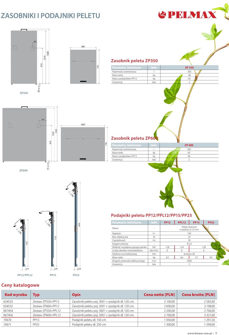 ZP 600 Pojemność znamionowa l 500 Masa netto kg 65 Masa z podajnikiem PP12 kg 86 Gwarancja lata 2 ZP600 Podajniki peletu PP12/PPL12/PP15/PP25 Parametry techniczne Jedn.