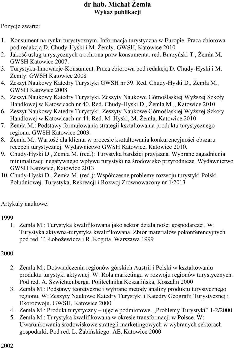 Chudy-Hyski i M. Żemły. GWSH Katowice 2008 4. Zeszyt Naukowy Katedry Turystyki GWSH nr 39. Red. Chudy-Hyski D., Żemła M., GWSH Katowice 2008 5. Zeszyt Naukowy Katedry Turystyki. Zeszyty Naukowe Górnośląskiej Wyższej Szkoły Handlowej w Katowicach nr 40.