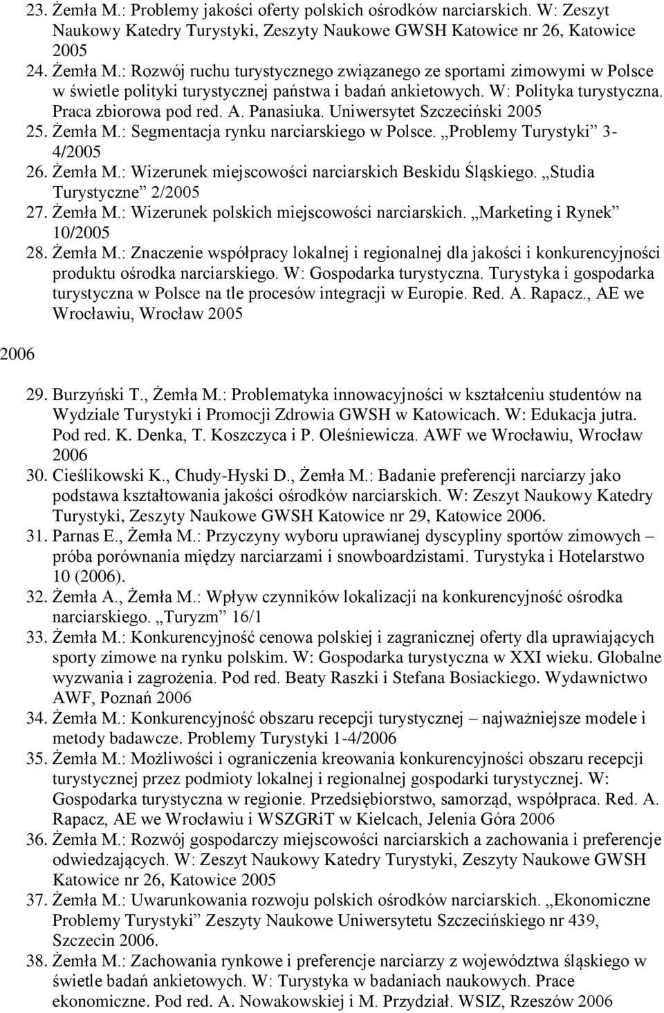 Studia Turystyczne 2/2005 27. Żemła M.: Wizerunek polskich miejscowości narciarskich. Marketing i Rynek 10/2005 28. Żemła M.: Znaczenie współpracy lokalnej i regionalnej dla jakości i konkurencyjności produktu ośrodka narciarskiego.