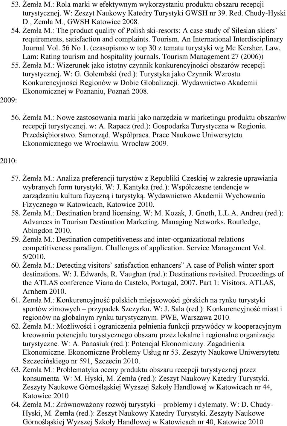 (czasopismo w top 30 z tematu turystyki wg Mc Kersher, Law, Lam: Rating tourism and hospitality journals. Tourism Management 27 (2006)) 55. Żemła M.