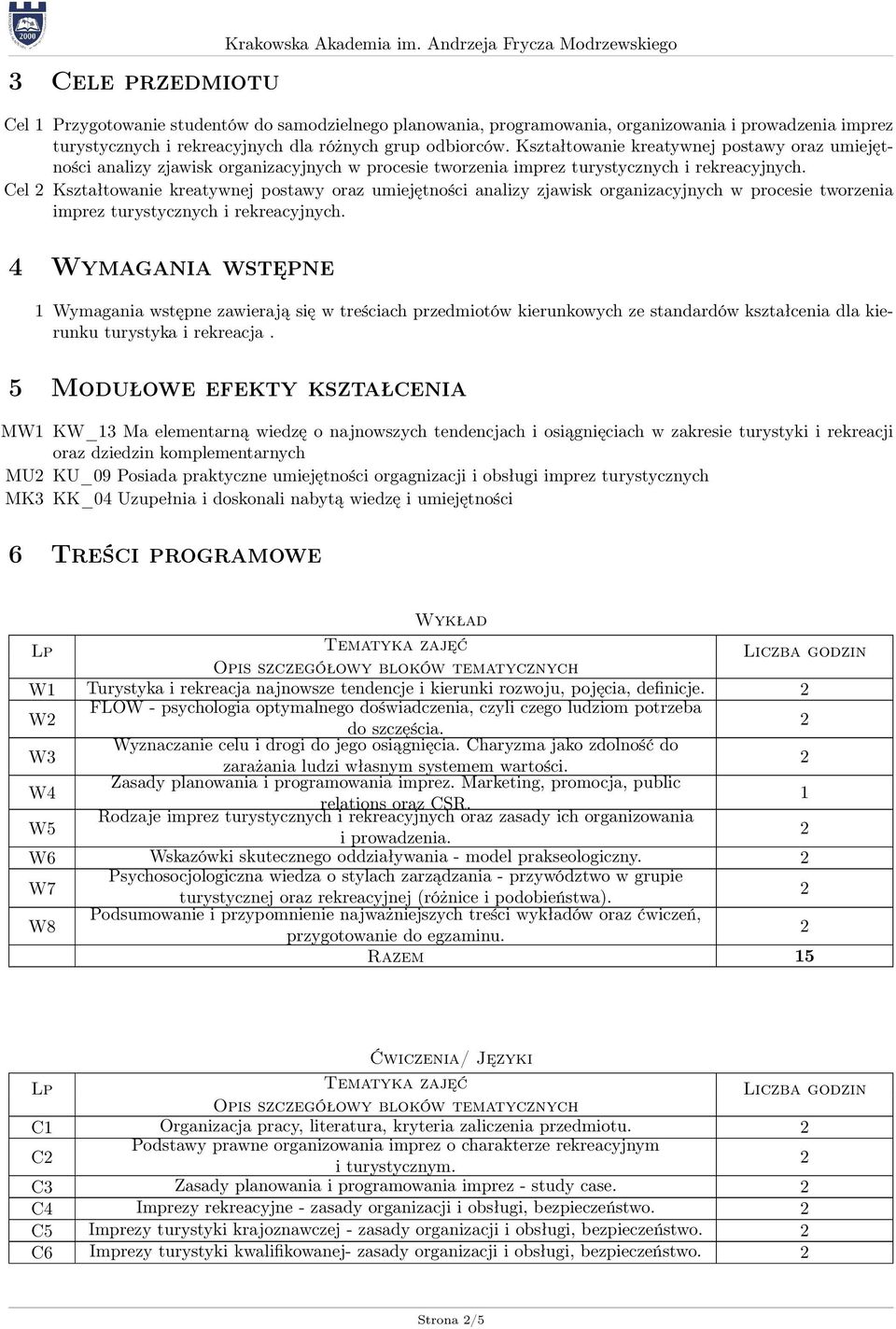 Kształtowanie kreatywnej postawy oraz umiejętności analizy zjawisk organizacyjnych w procesie tworzenia imprez turystycznych i rekreacyjnych.