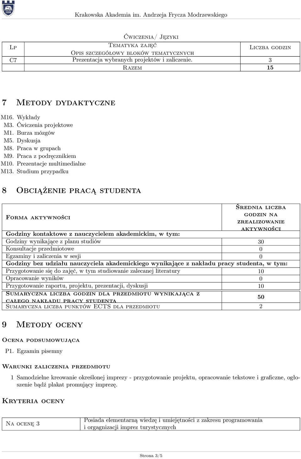 Studium przypadku 8 Obciążenie pracą studenta Średnia liczba Forma aktywności Godziny kontaktowe z nauczycielem akademickim, w tym: godzin na zrealizowanie aktywności Godziny wynikające z planu