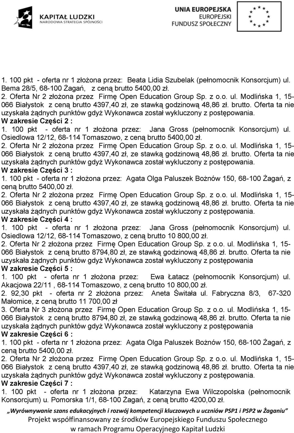 100 pkt - oferta nr 1 złożona przez: Agata Olga Paluszek Bożnów 150, 68-100 Żagań, z ceną brutto 5400,00 zł. W zakresie Części 4 : 1.