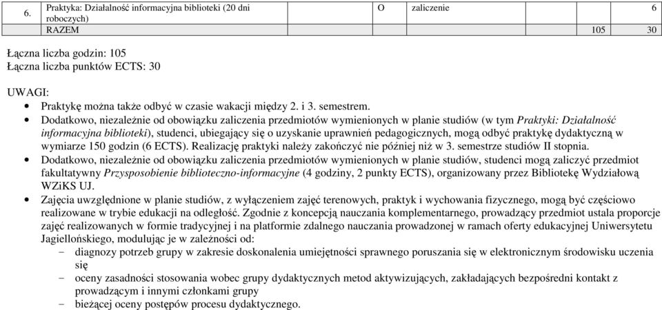 Dodatkowo, niezaleŝnie od obowiązku przedmiotów wymienionych w planie studiów (w tym Praktyki: Działalność incyjna biblioteki), studenci, ubiegający się o uzyskanie uprawnień pedagogicznych, mogą