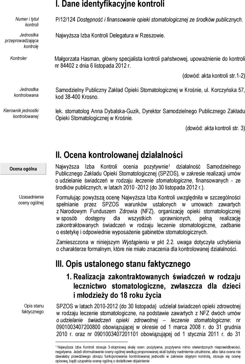 Małgorzata Hasman, główny specjalista kontroli państwowej, upoważnienie do kontroli nr 84402 z dnia 6 listopada 2012 r. (dowód: akta kontroli str.