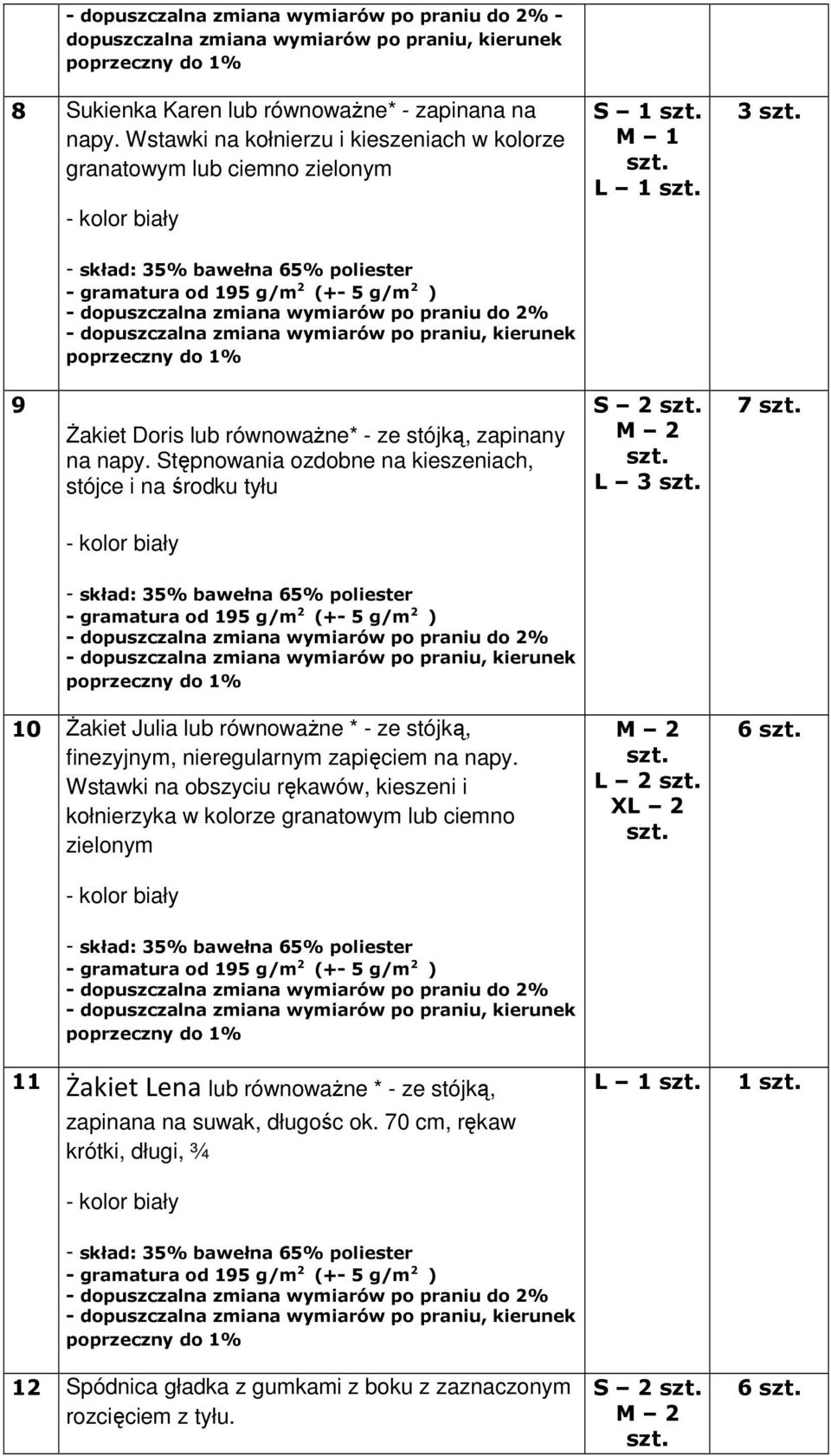 Stępnowania ozdobne na kieszeniach, stójce i na środku tyłu S 2 L 3 7 10 śakiet Julia lub równowaŝne * - ze stójką, finezyjnym, nieregularnym zapięciem na napy.