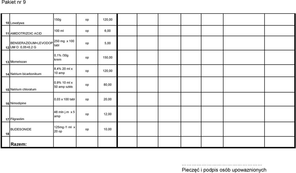 /30g krem 8,4% 20 ml x 10 amp 0,9% 10 ml x 50 amp szkło op 150,00 op 120,00 op 80,00 16 Nimodipine