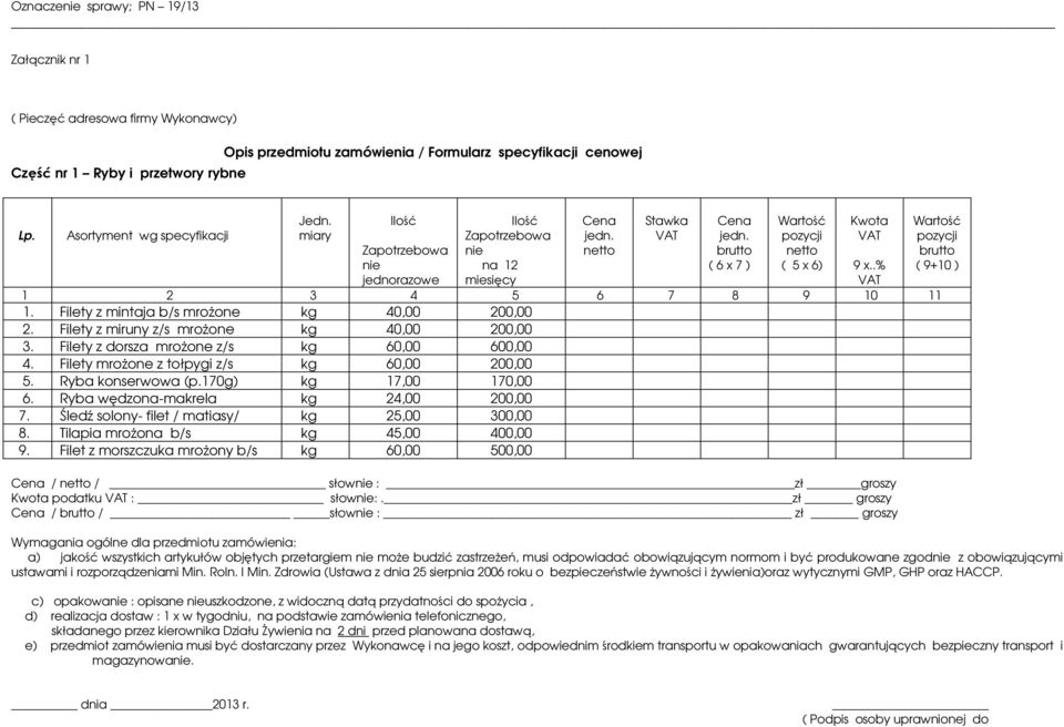Filety z dorsza mrożone z/s g 60,00 600,00 4. Filety mrożone z tołpygi z/s g 60,00 200,00 5. Ryba onserwowa (p.170g) g 17,00 170,00 6. Ryba wędzona-marela g 24,00 200,00 7.