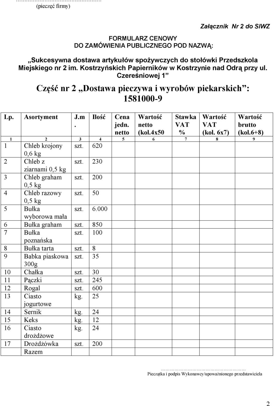50 0,5 kg 5 Bułka szt. 6.000 wyborowa mała 6 Bułka graham szt. 850 7 Bułka szt. 100 poznańska 8 Bułka tarta szt. 8 9 Babka piaskowa szt.