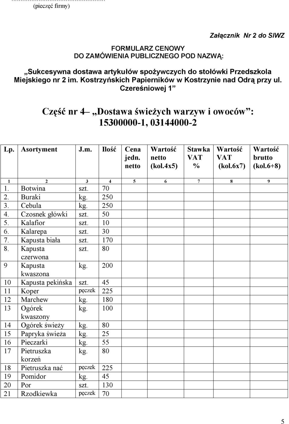80 czerwona 9 Kapusta kg. 200 kwaszona 10 Kapusta pekińska szt. 45 11 Koper pęczek 225 12 Marchew kg. 180 13 Ogórek kg.