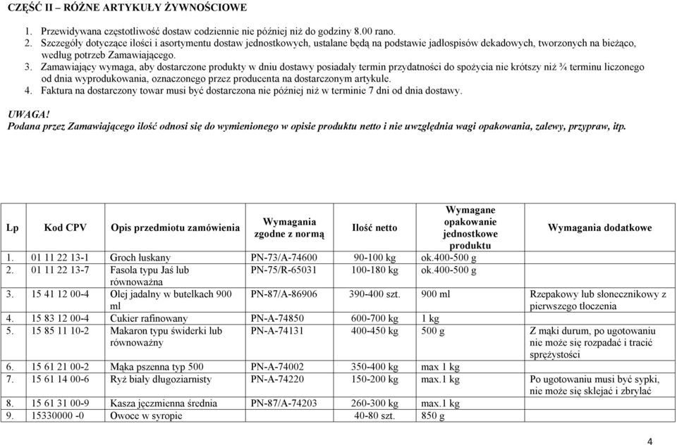 Zamawiający wymaga, aby dostarczone produkty w dniu dostawy posiadały termin przydatności do spożycia nie krótszy niż ¾ terminu liczonego od dnia wyprodukowania, oznaczonego przez producenta na