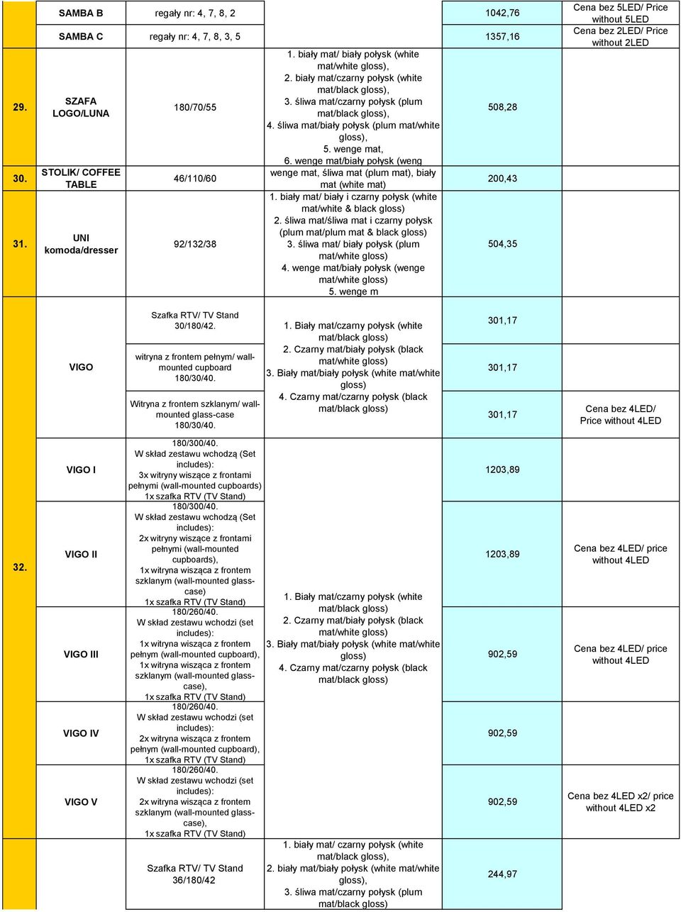 wenge mat/biały połysk (weng wenge mat, śliwa mat (plum mat), biały mat (white mat) 1. biały mat/ biały i czarny połysk (white mat/white & black 2.