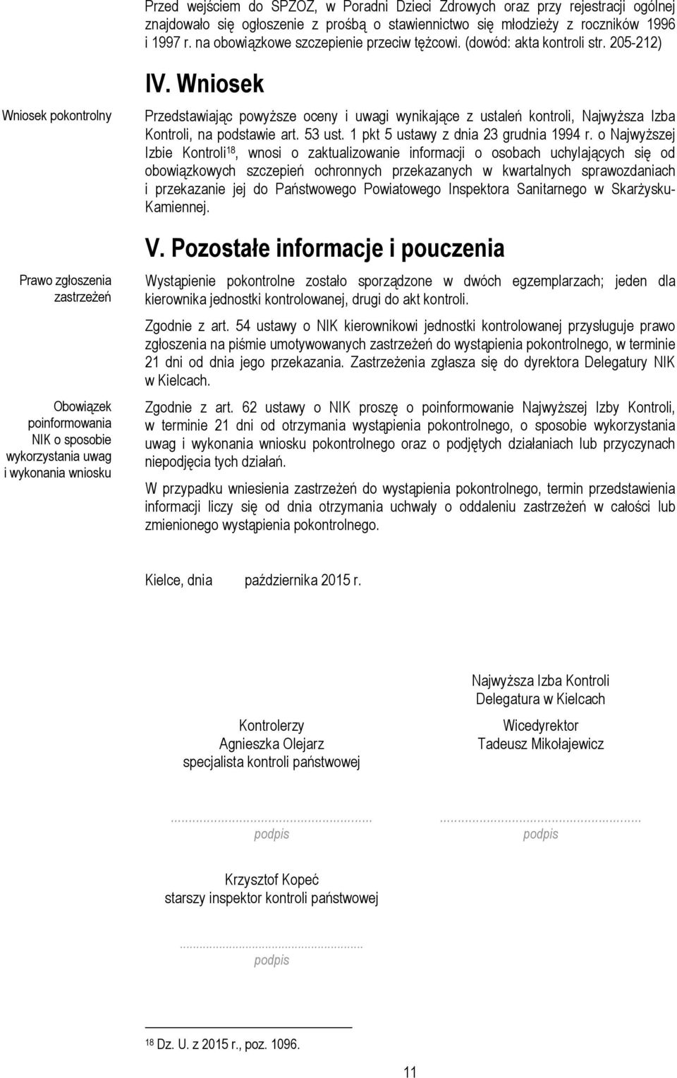 205-212) Wniosek pokontrolny Prawo zgłoszenia zastrzeżeń Obowiązek poinformowania NIK o sposobie wykorzystania uwag i wykonania wniosku IV.