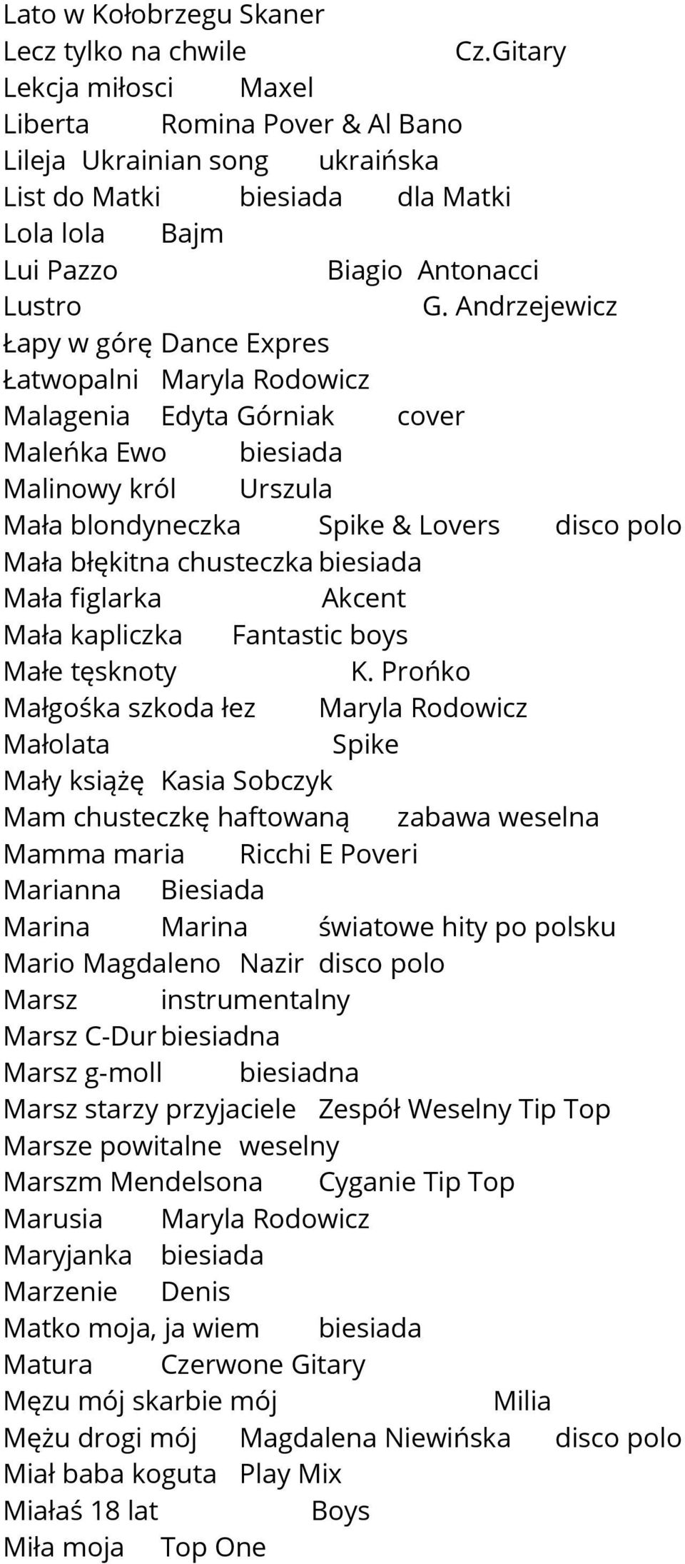 Andrzejewicz Łapy w górę Dance Expres Łatwopalni Maryla Rodowicz Malagenia Edyta Górniak cover Maleńka Ewo biesiada Malinowy król Urszula Mała blondyneczka Spike & Lovers disco polo Mała błękitna