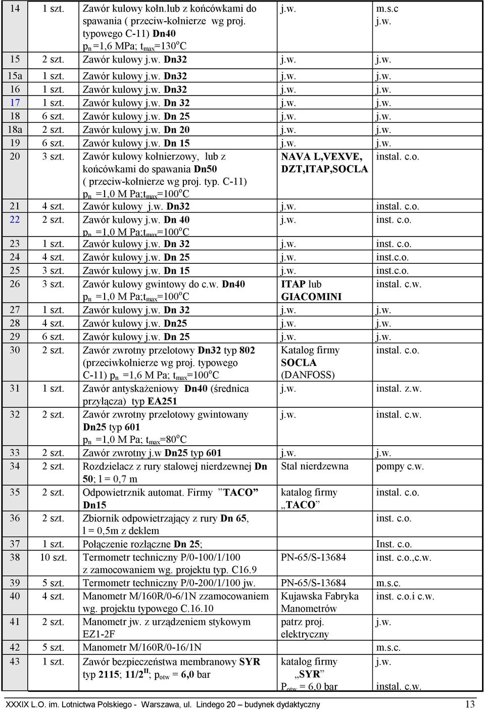 w. j.w. 18 6 szt. Zawór kulowy j.w. Dn 25 j.w. j.w. 18a 2 szt. Zawór kulowy j.w. Dn 20 j.w. j.w. 19 6 szt. Zawór kulowy j.w. Dn 15 j.w. j.w. 20 3 szt.