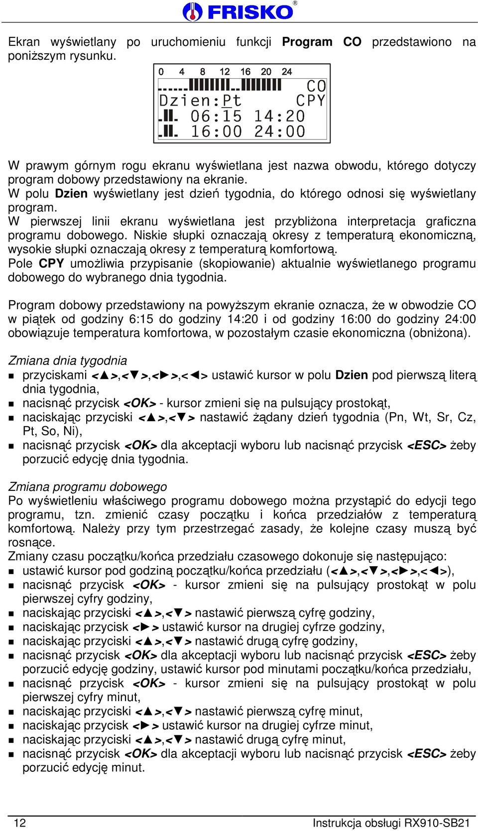W polu Dzien wyświetlany jest dzień tygodnia, do którego odnosi się wyświetlany program. W pierwszej linii ekranu wyświetlana jest przybliżona interpretacja graficzna programu dobowego.