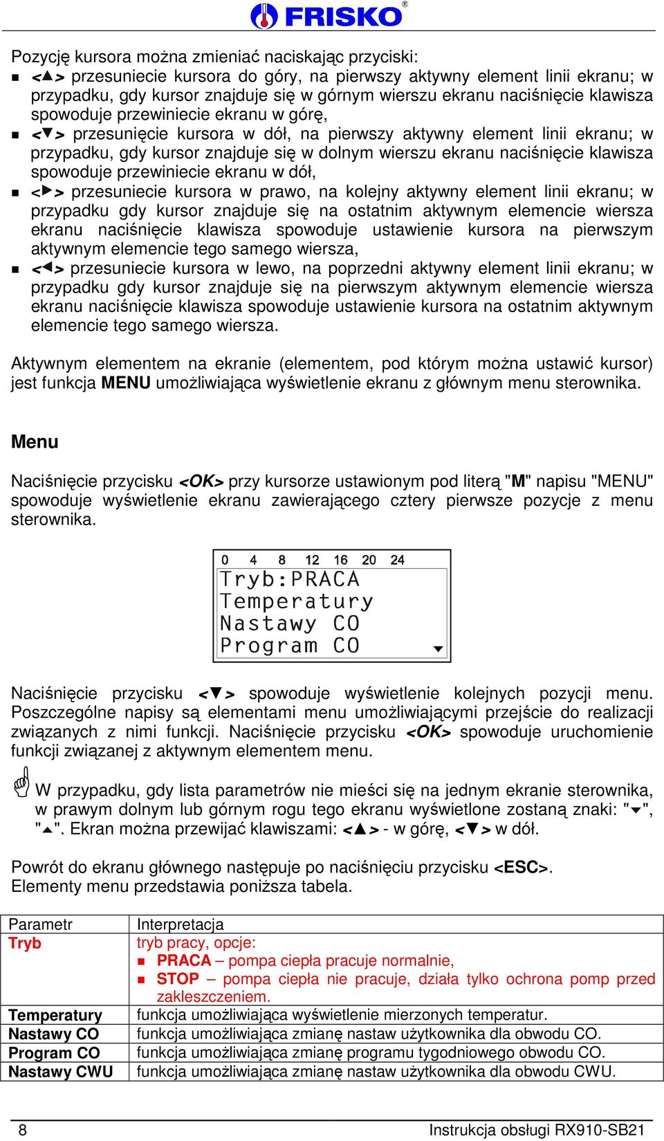 naciśnięcie klawisza spowoduje przewiniecie ekranu w dół, < > przesuniecie kursora w prawo, na kolejny aktywny element linii ekranu; w przypadku gdy kursor znajduje się na ostatnim aktywnym elemencie