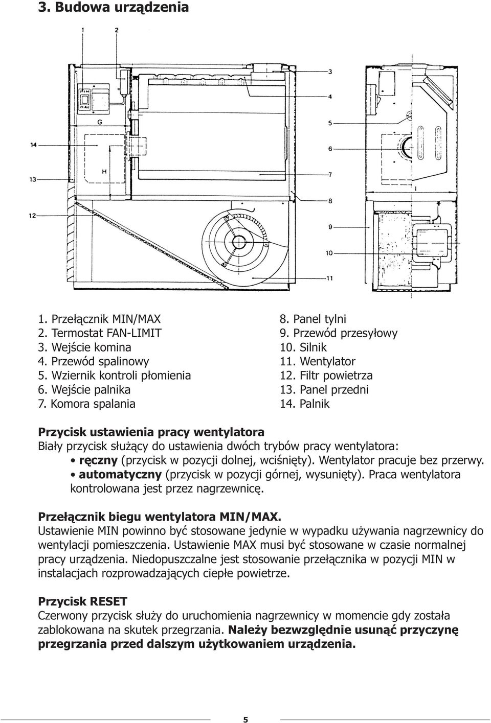 Palnik Przycisk ustawienia pracy wentylatora Bia³y przycisk s³u ¹cy do ustawienia dwóch trybów pracy wentylatora: rêczny (przycisk w pozycji dolnej, wciœniêty). Wentylator pracuje bez przerwy.