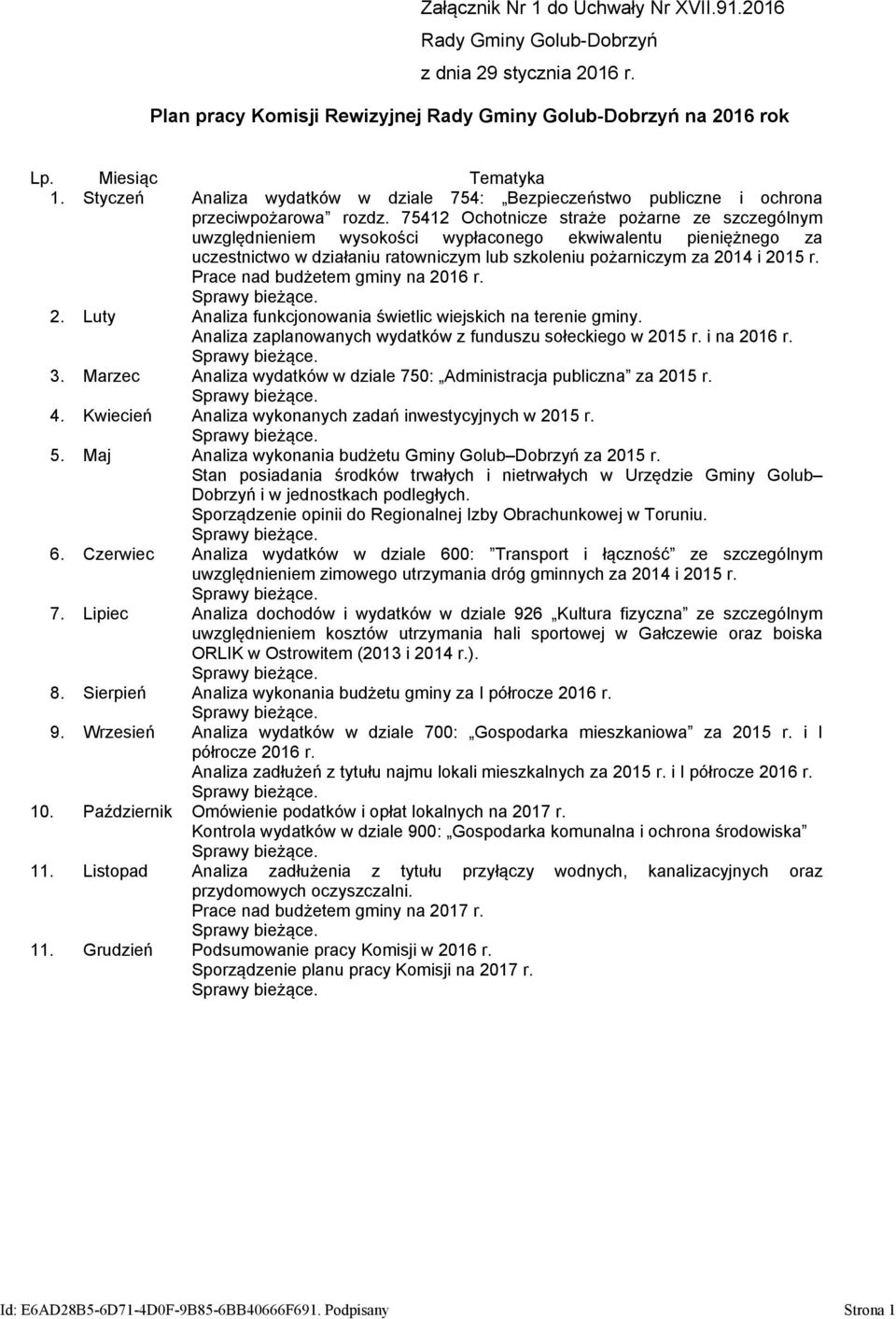 Prace nad budżetem gminy na 2016 r. 2. Luty Analiza funkcjonowania świetlic wiejskich na terenie gminy. Analiza zaplanowanych wydatków z funduszu sołeckiego w 2015 r. i na 2016 r. 3.