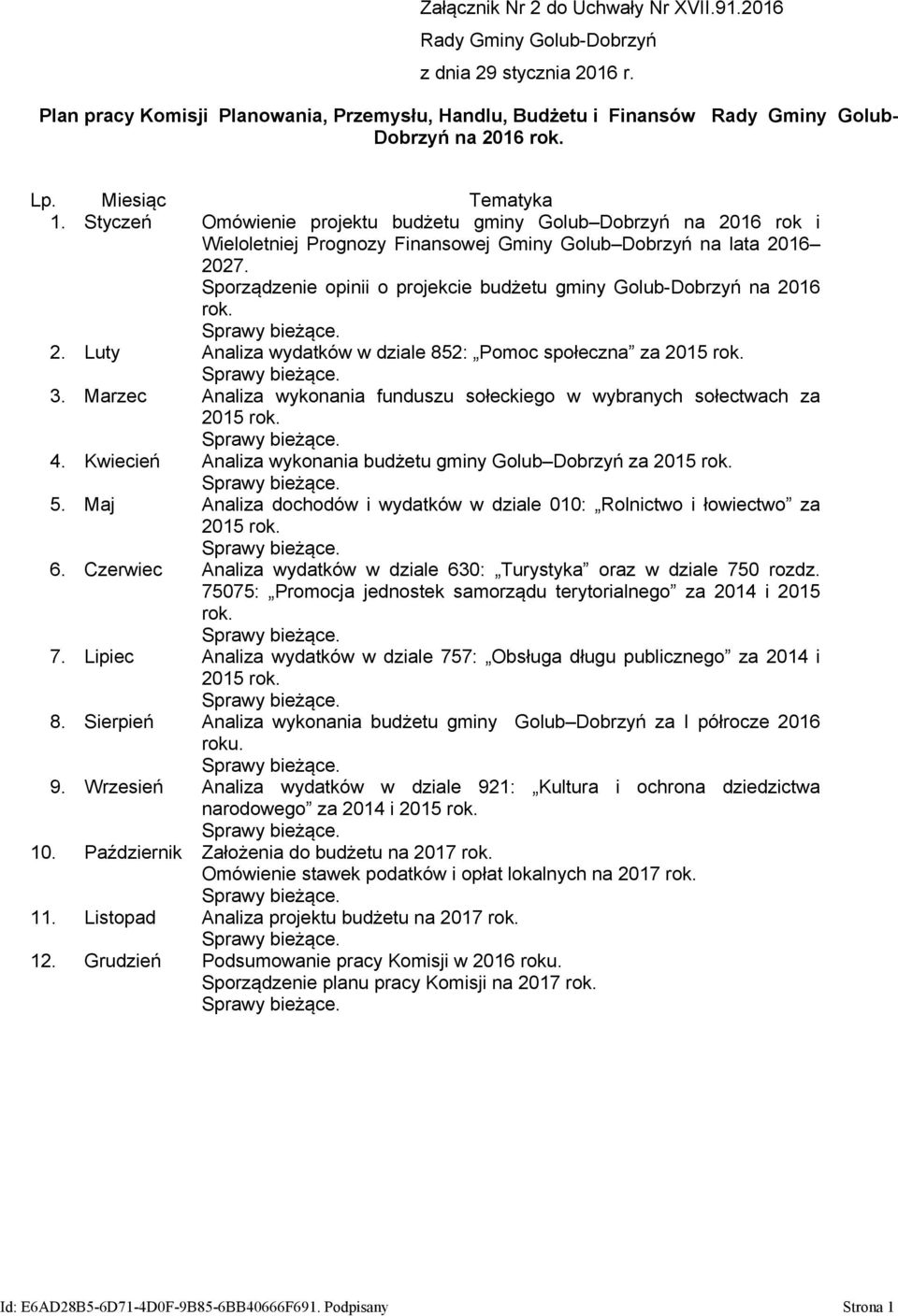 Sporządzenie opinii o projekcie budżetu gminy Golub-Dobrzyń na 2016 rok. 2. Luty Analiza wydatków w dziale 852: Pomoc społeczna za 2015 rok. 3.