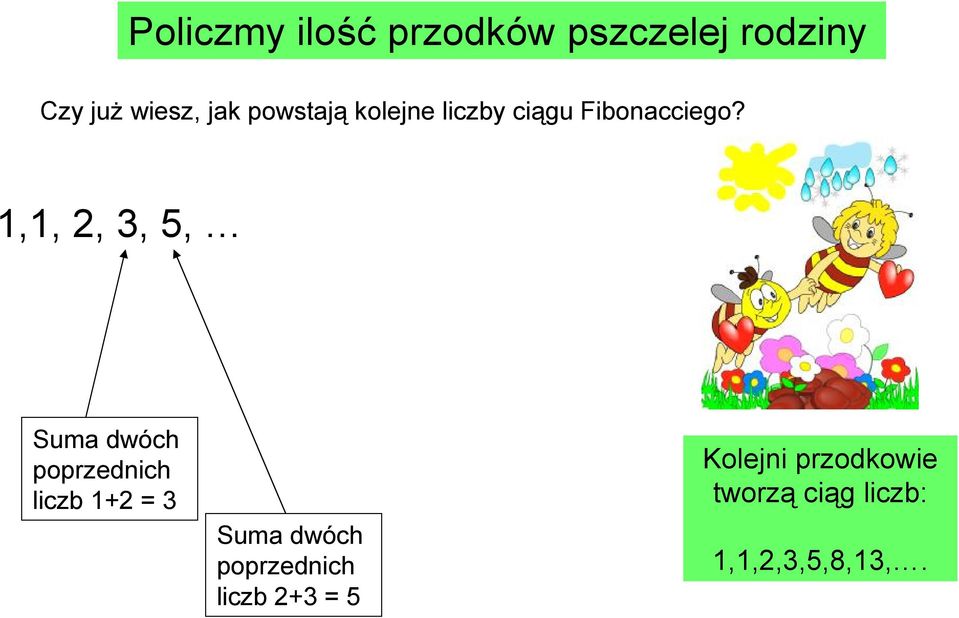 1,1, 2, 3, 5, Suma dwóch poprzednich liczb 1+2 = 3 Suma dwóch