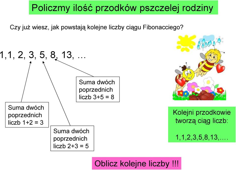 1,1, 2, 3, 5, 8, 13, Suma dwóch poprzednich liczb 1+2 = 3 Suma dwóch