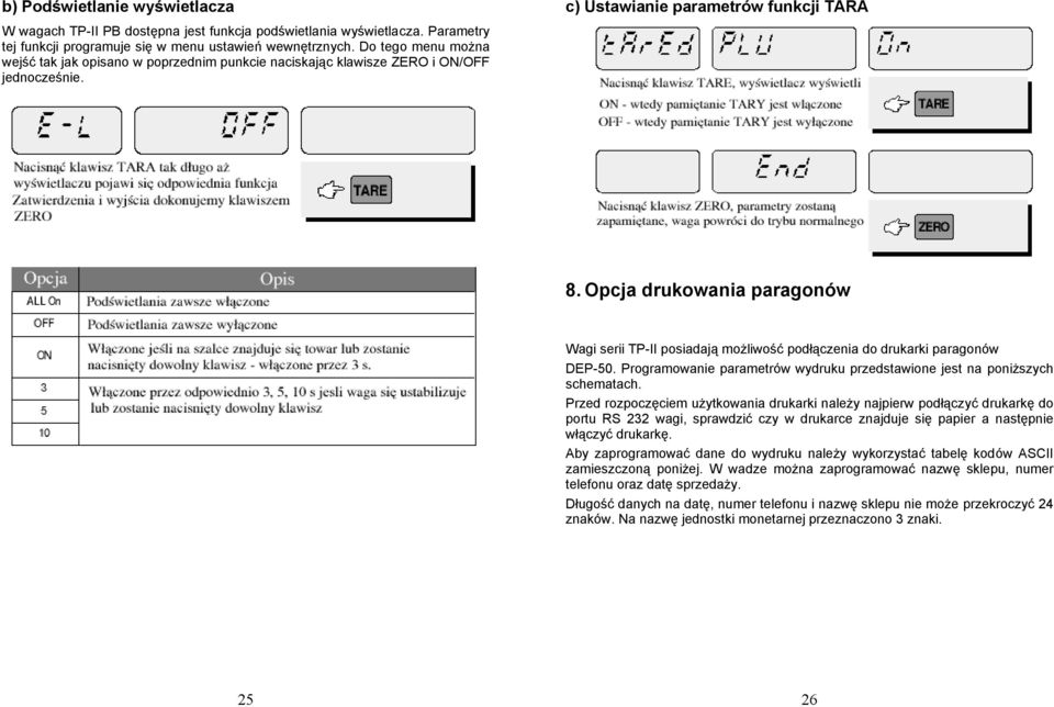 Opcja drukowania paragonów Wagi serii TP-II posiadają możliwość podłączenia do drukarki paragonów DEP-50. Programowanie parametrów wydruku przedstawione jest na poniższych schematach.