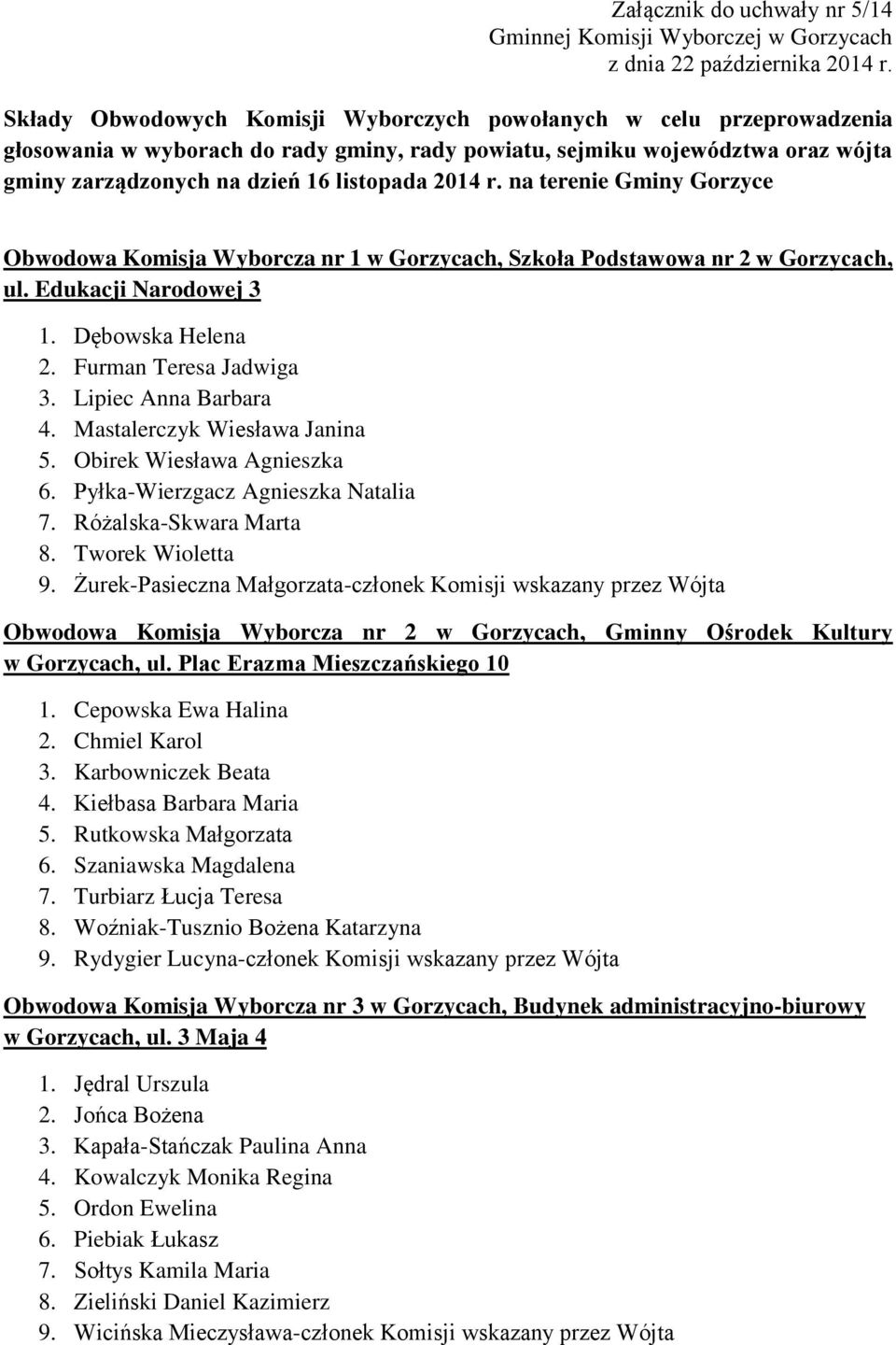 r. na terenie Gminy Gorzyce Obwodowa Komisja Wyborcza nr 1 w Gorzycach, Szkoła Podstawowa nr 2 w Gorzycach, ul. Edukacji Narodowej 3 1. Dębowska Helena 2. Furman Teresa Jadwiga 3.