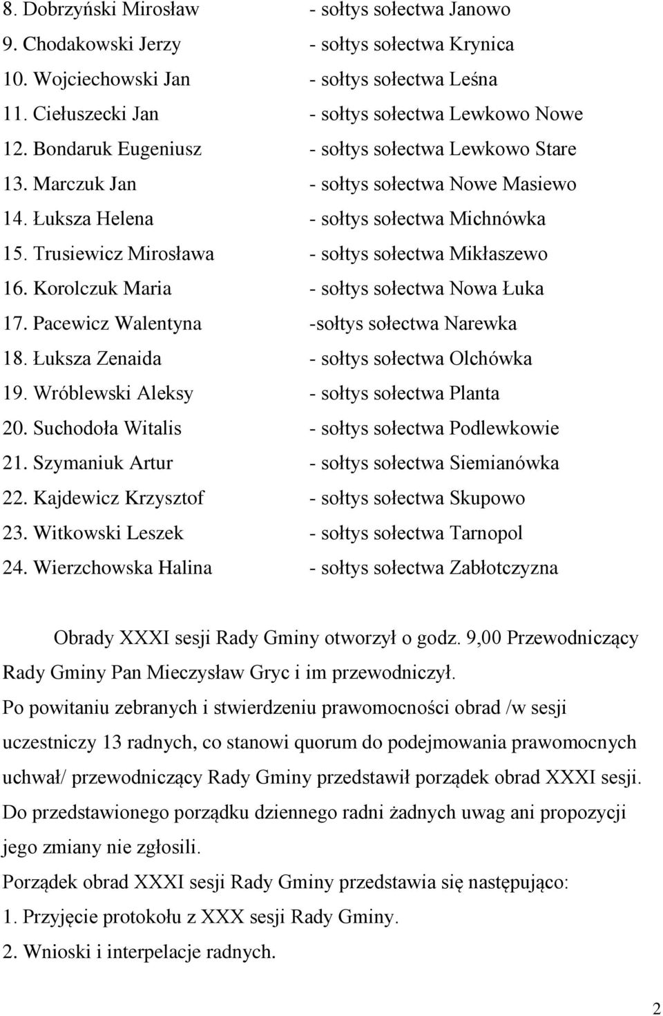 Trusiewicz Mirosława - sołtys sołectwa Mikłaszewo 16. Korolczuk Maria - sołtys sołectwa Nowa Łuka 17. Pacewicz Walentyna -sołtys sołectwa Narewka 18. Łuksza Zenaida - sołtys sołectwa Olchówka 19.