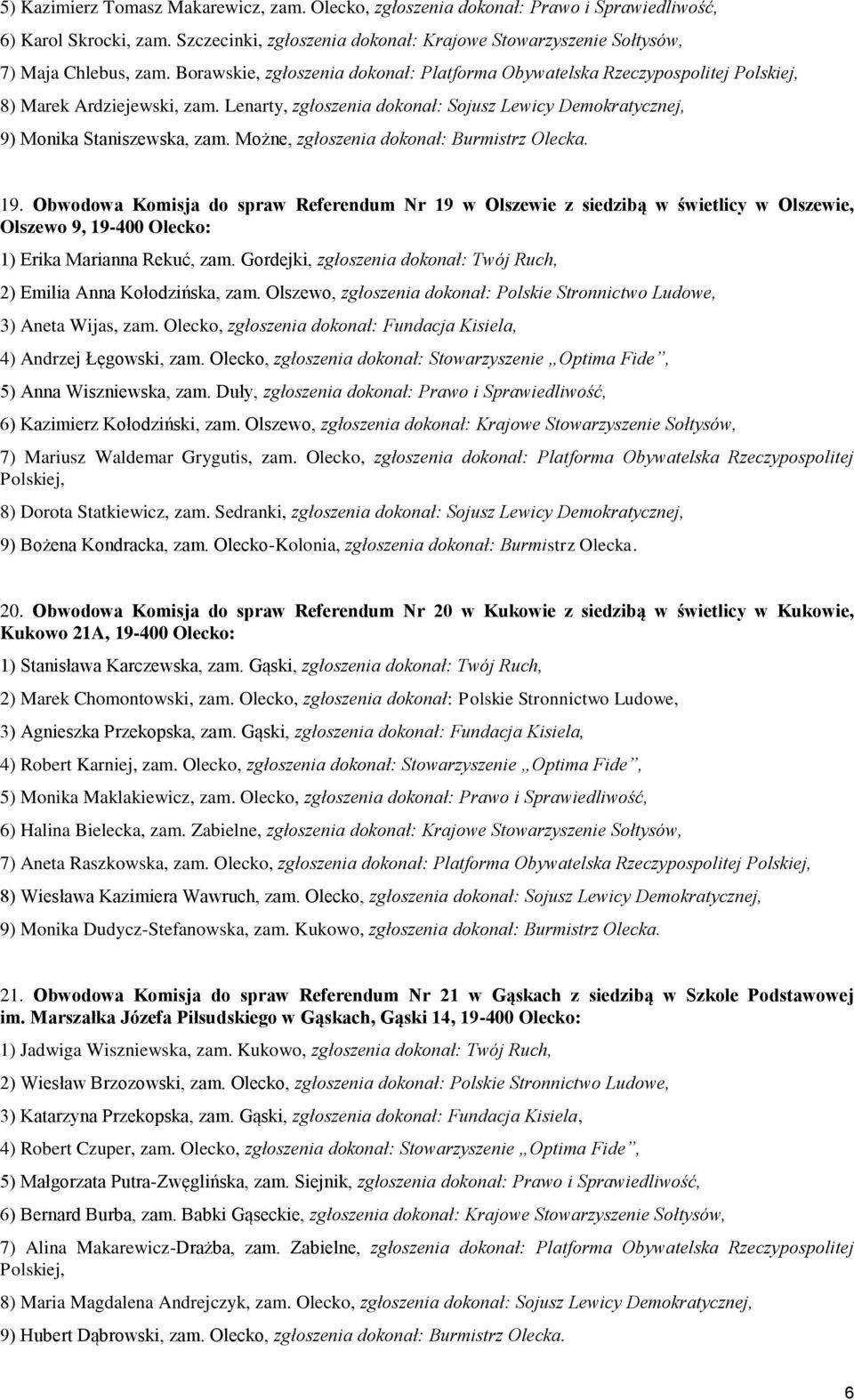 Możne, zgłoszenia dokonał: Burmistrz Olecka. 19. Obwodowa Komisja do spraw Referendum Nr 19 w Olszewie z siedzibą w świetlicy w Olszewie, Olszewo 9, 19-400 Olecko: 1) Erika Marianna Rekuć, zam.