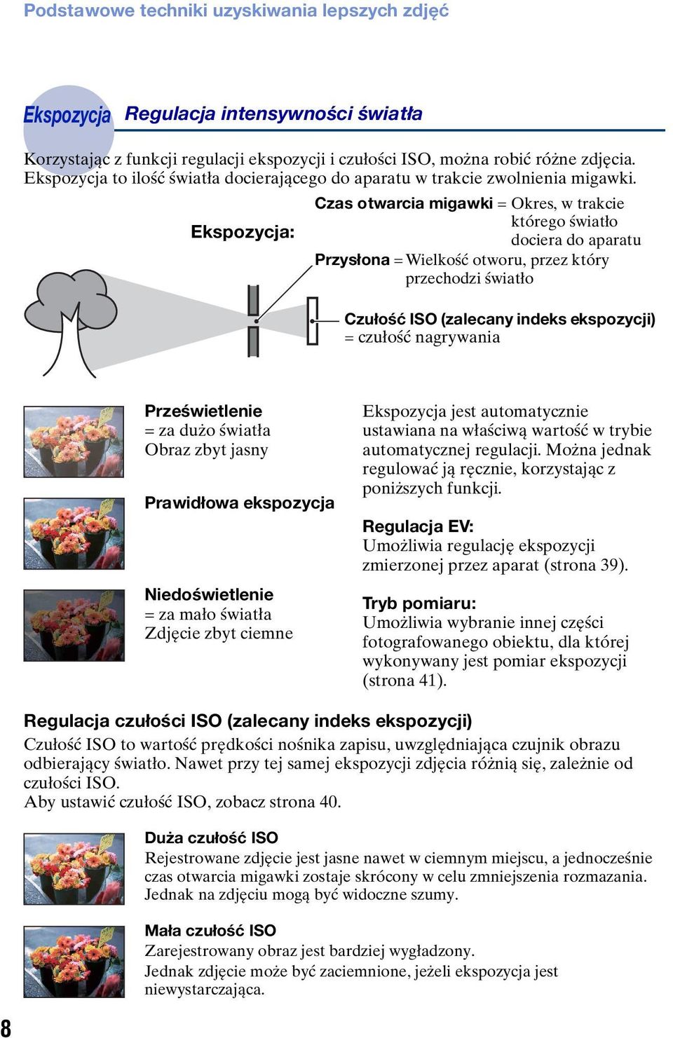 Czas otwarcia migawki = Okres, w trakcie którego światło Ekspozycja: dociera do aparatu Przysłona =Wielkość otworu, przez który przechodzi światło Czułość ISO (zalecany indeks ekspozycji) = czułość