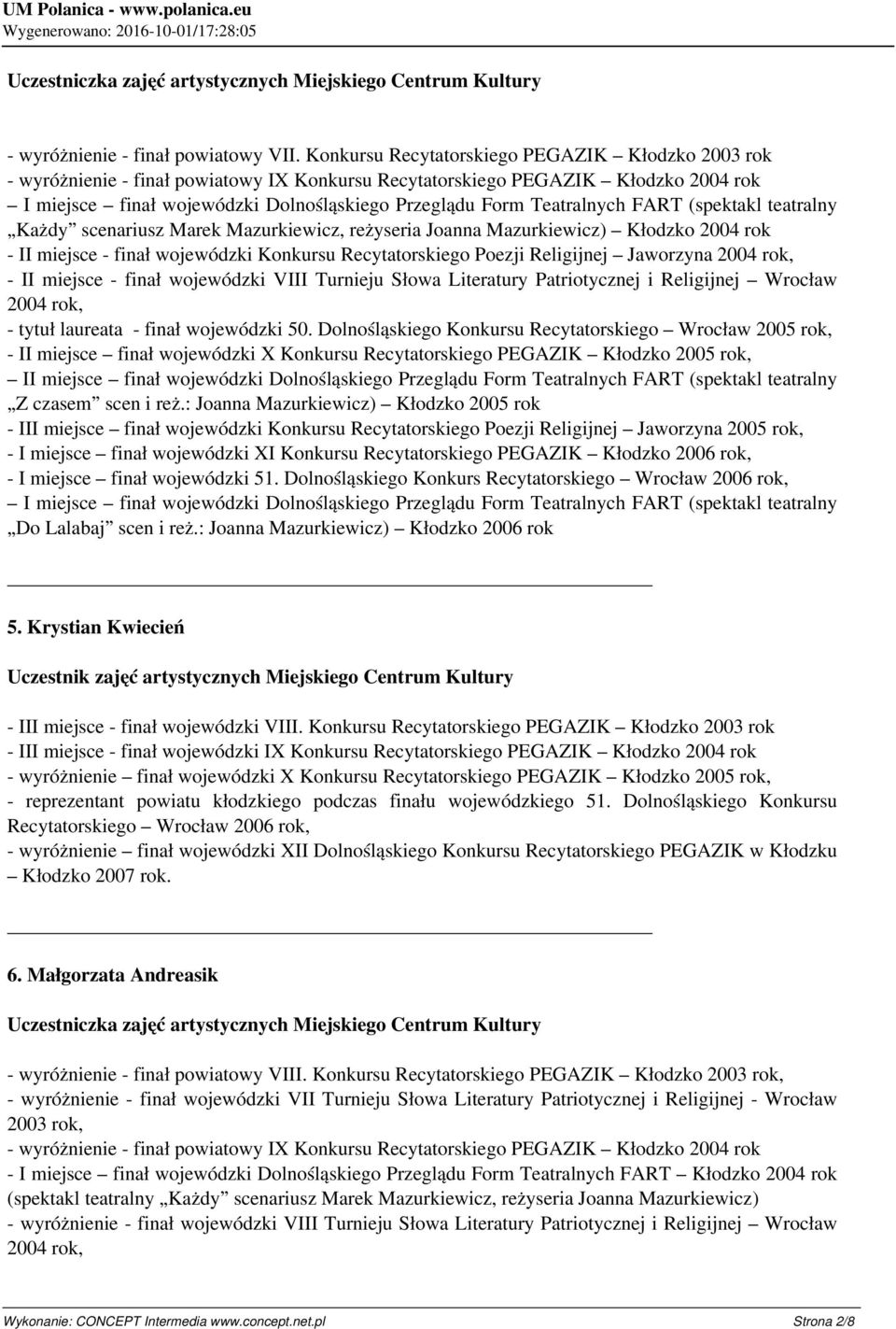 Teatralnych FART (spektakl teatralny Każdy scenariusz Marek Mazurkiewicz, reżyseria Joanna Mazurkiewicz) Kłodzko 2004 rok - II miejsce - finał wojewódzki Konkursu Recytatorskiego Poezji Religijnej