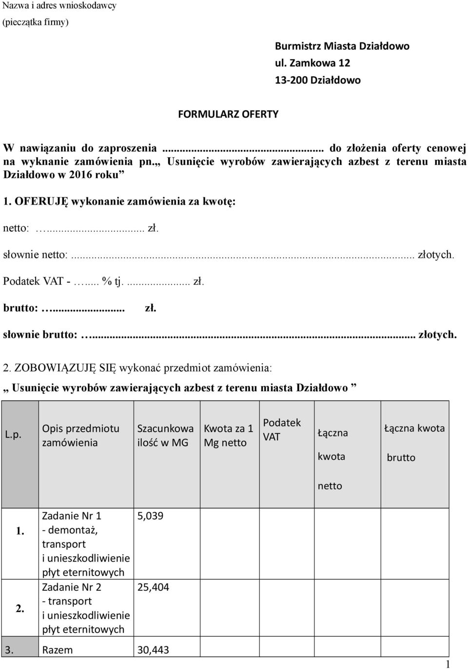 .. złotych. Podatek VAT -... % tj.... zł. brutto:... zł. słownie brutto:... złotych. 2.