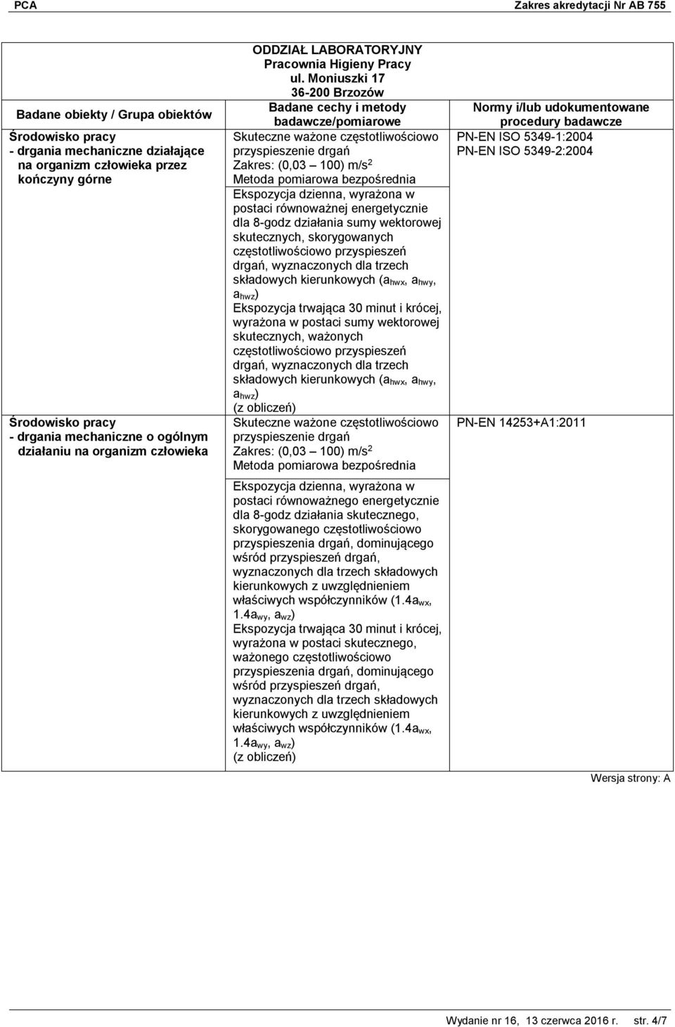 przyspieszeń drgań, wyznaczonych dla trzech składowych kierunkowych (a hwx, a hwy, a hwz) Ekspozycja trwająca 30 minut i krócej, wyrażona w postaci sumy wektorowej skutecznych, ważonych