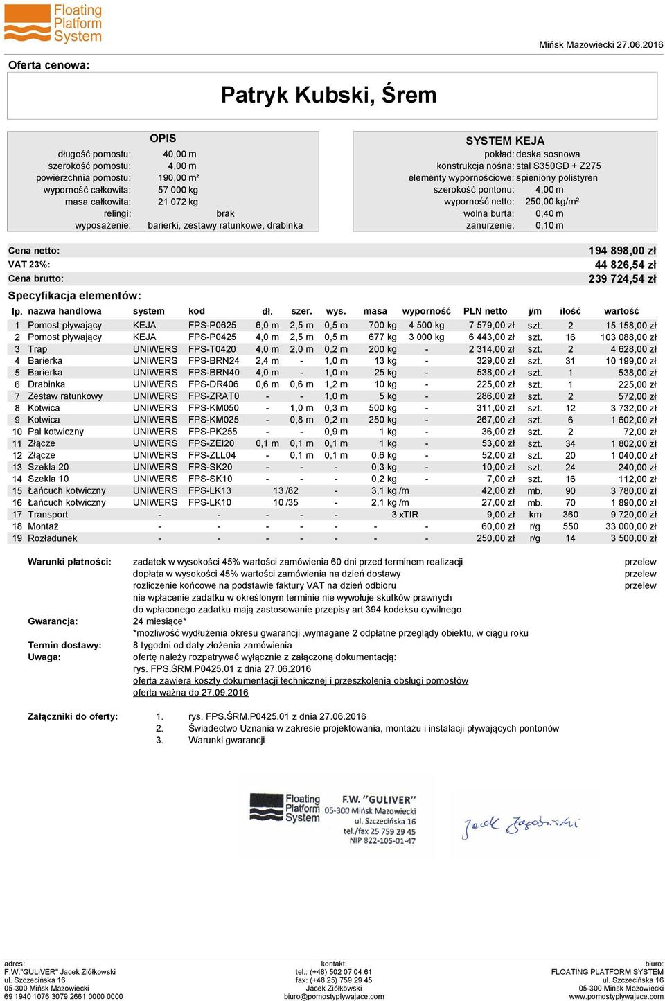 elementy wypornościowe: spieniony polistyren wyporność całkowita: 57 000 kg szerokość pontonu: 4,00 m masa całkowita: 21 072 kg wyporność netto: 250,00 kg/m² relingi: brak wolna burta: 0,40 m