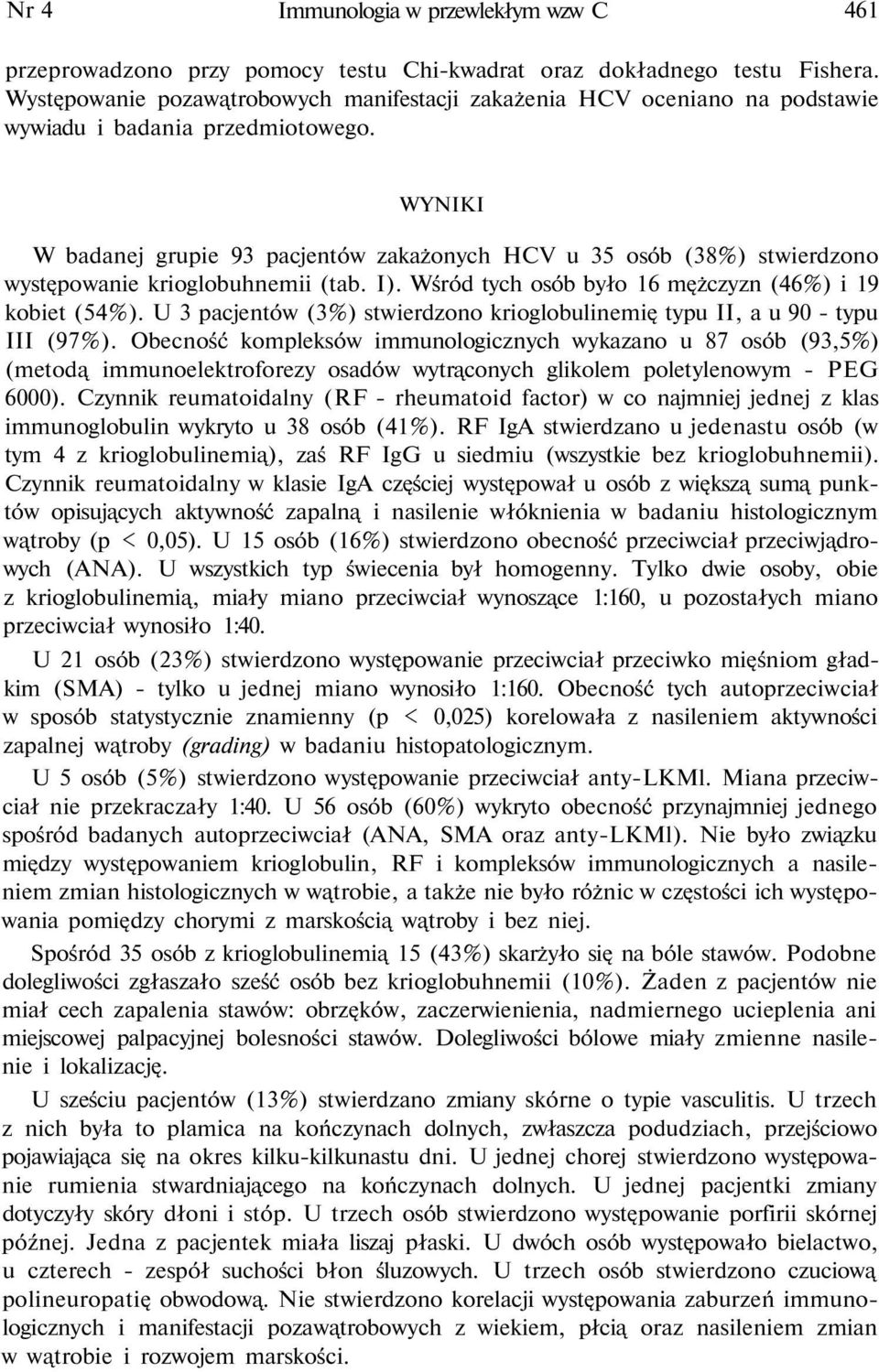 WYNIKI W badanej grupie 9 pacjentów zakażonych HCV u 5 osób (8%) stwierdzono występowanie krioglobuhnemii (tab. I). Wśród tych osób było 16 mężczyzn (46%) i 19 kobiet (54%).
