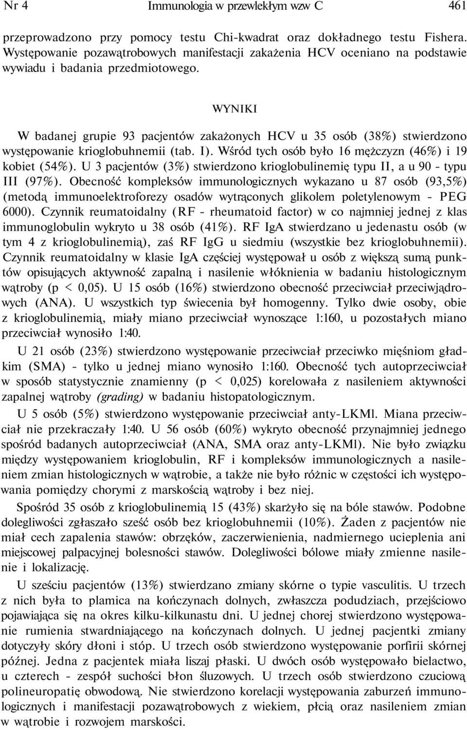 WYNIKI W badanej grupie 9 pacjentów zakażonych HCV u 5 osób (8%) stwierdzono występowanie krioglobuhnemii (tab. I). Wśród tych osób było 16 mężczyzn (46%) i 19 kobiet (54%).