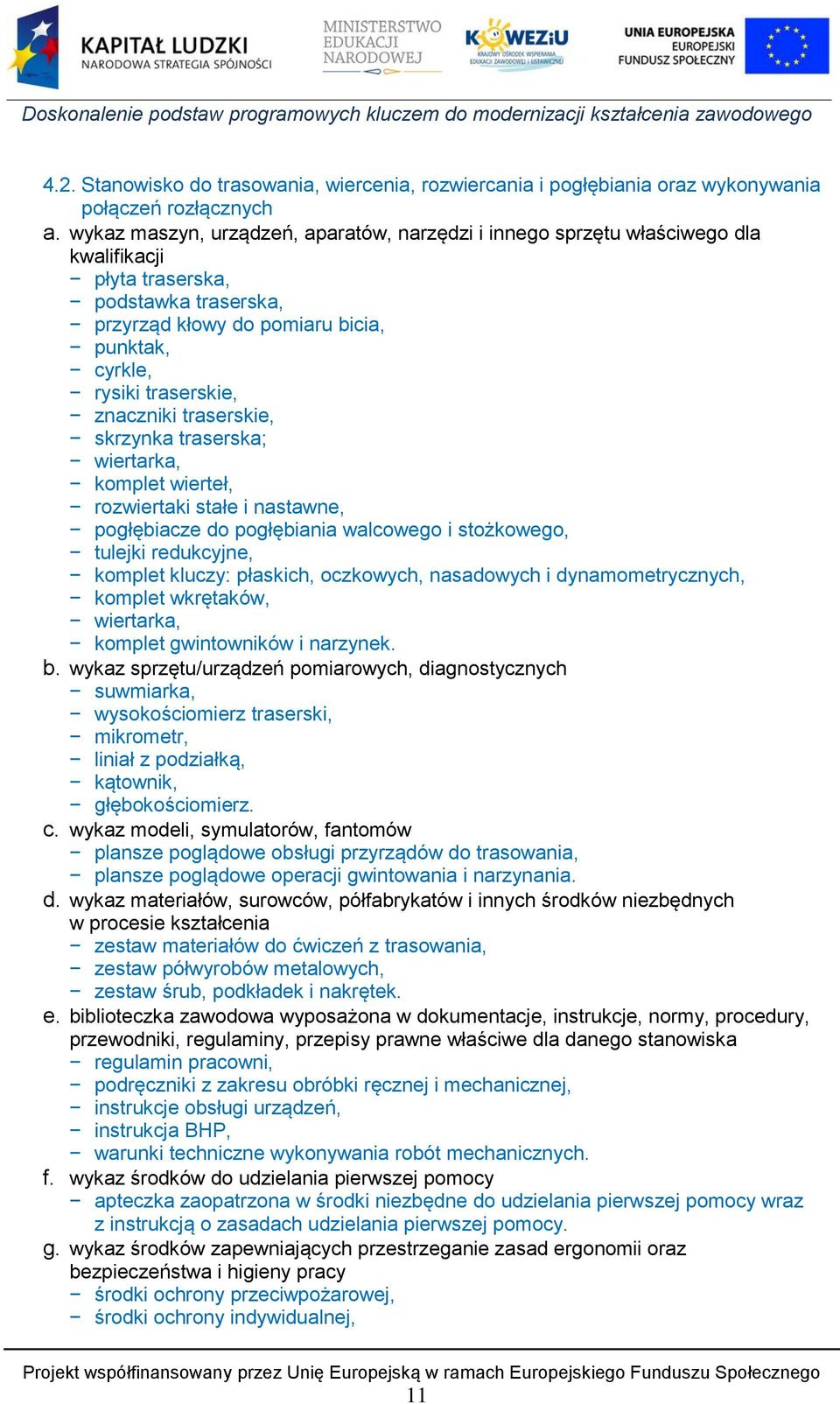 znaczniki traserskie, skrzynka traserska; wiertarka, komplet wierteł, rozwiertaki stałe i nastawne, pogłębiacze do pogłębiania walcowego i stożkowego, tulejki redukcyjne, komplet kluczy: płaskich,