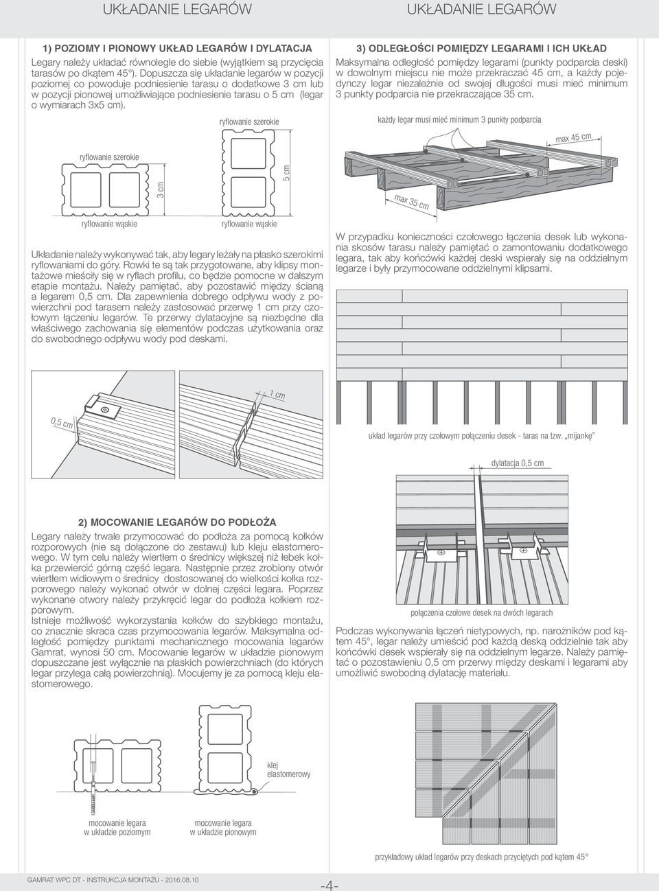 ryflowanie szerokie ryflowanie szerokie 3) ODLEGŁOŚCI POMIĘDZY LEGARAMI I ICH UKŁAD Maksymalna odległość pomiędzy legarami (punkty podparcia deski) w dowolnym miejscu nie może przekraczać 45 cm, a