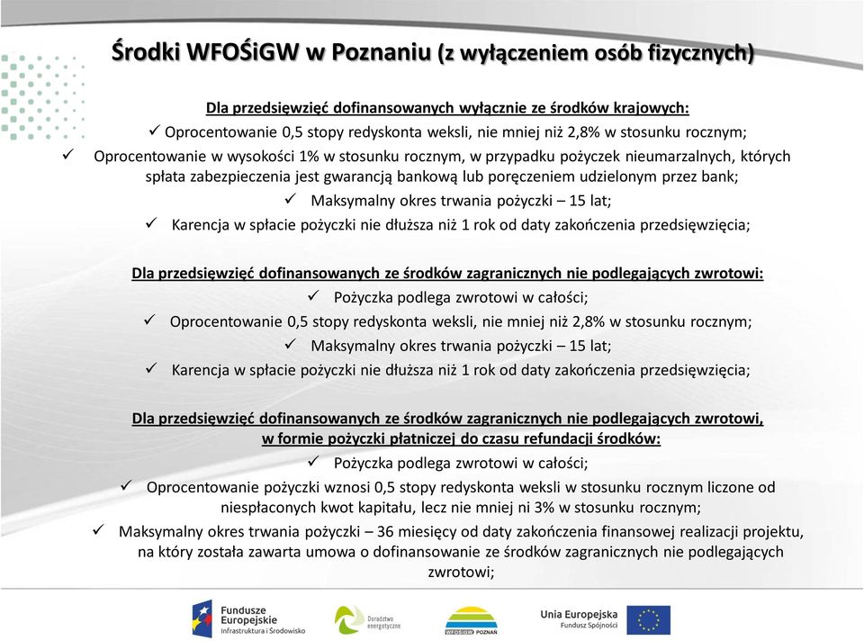 okres trwania pożyczki 15 lat; Karencja w spłacie pożyczki nie dłuższa niż 1 rok od daty zakończenia przedsięwzięcia; Dla przedsięwzięć dofinansowanych ze środków zagranicznych nie podlegających