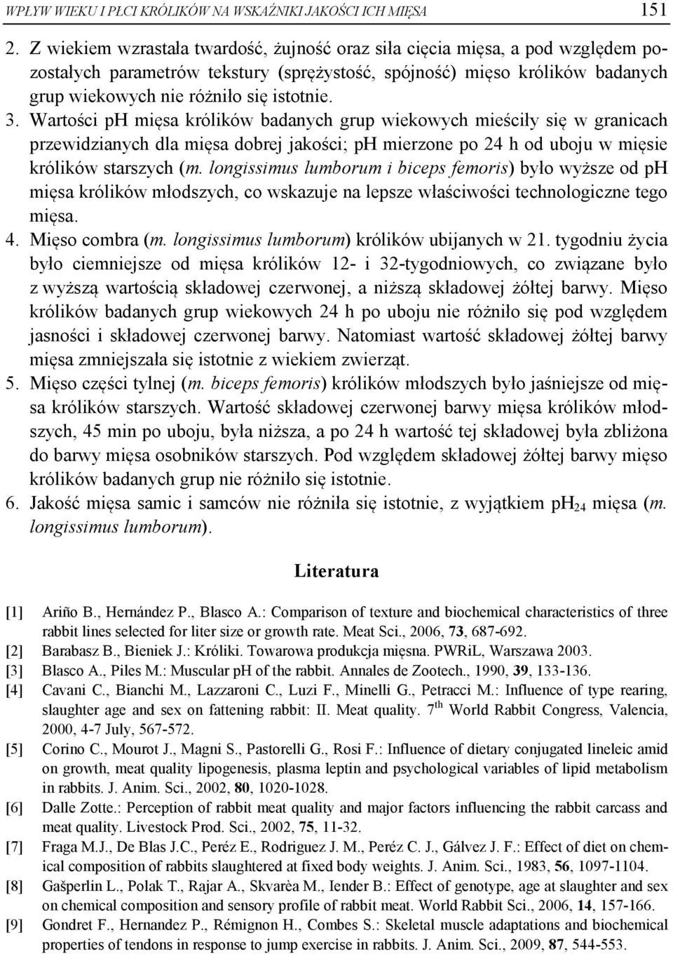 Wartości ph mięsa królików badanych grup wiekowych mieściły się w granicach przewidzianych dla mięsa dobrej jakości; ph mierzone po 24 h od uboju w mięsie królików starszych (m.